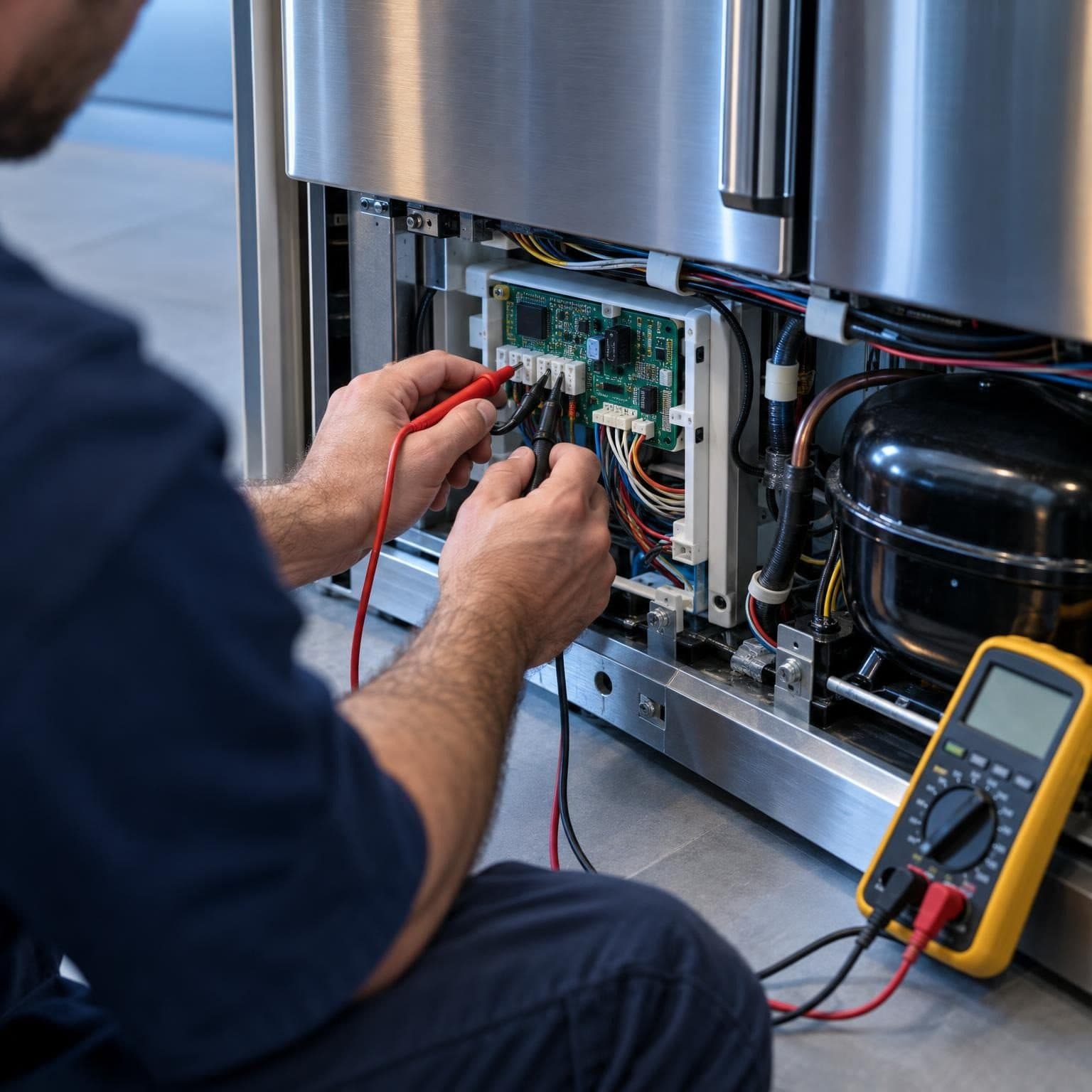 Technician testing a refrigerator control board with a multimeter